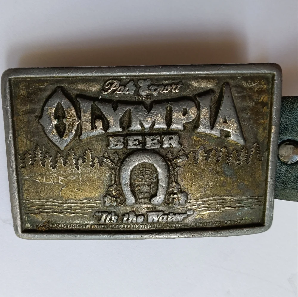Vintage 1974 Lewis Buckle Co Leather Pin Belt Olympia Beer Logo Buckle Size 36